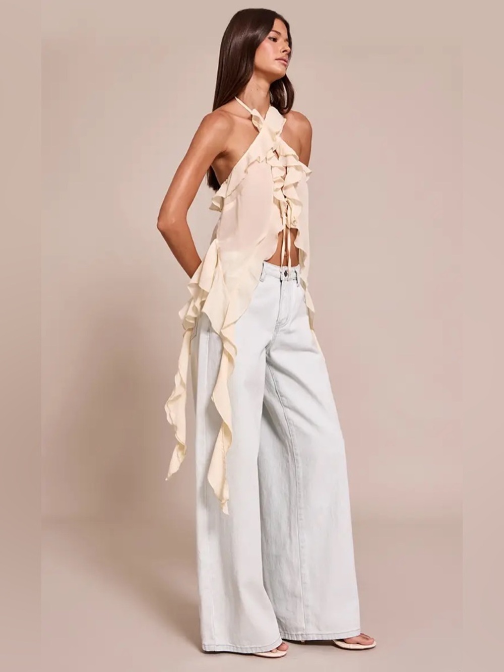NWT PrettyLittleThing Cream Chiffon Ruffle Halter Longline Top Size 0